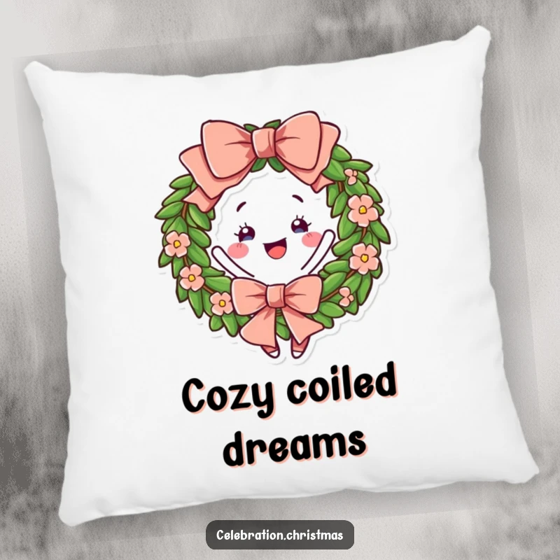 Funny Wreath Pillow depicting a cheerful bow and a joyful twirl, offering soft, festive comfort.