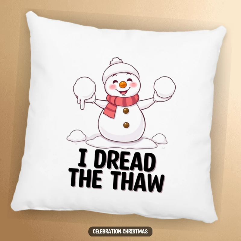 Funny Pillow: Comical snowman in the act of juggling melting snowballs, adding a touch of whimsical humor to any seating area.