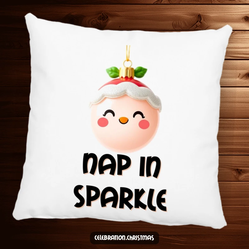 Funny cute Christmas ornament pillow with a cheerful, sparkling face, adding comfort and festive fun, perfect as a funny gift.