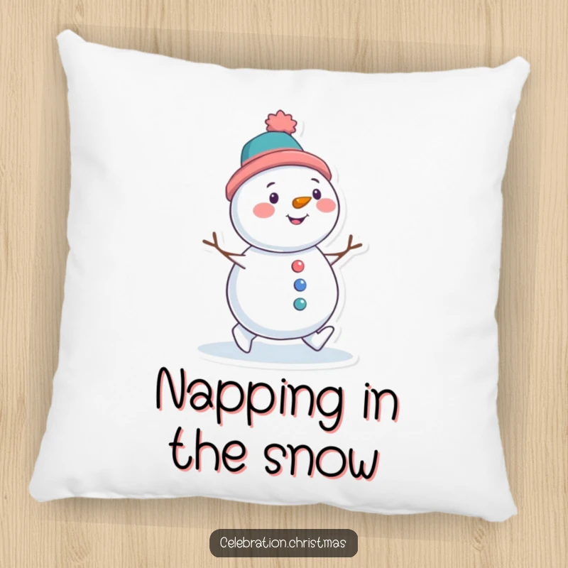 Funny pillow featuring a snowman character with a tilted hat, waddling happily, perfect for adding cozy winter comfort.