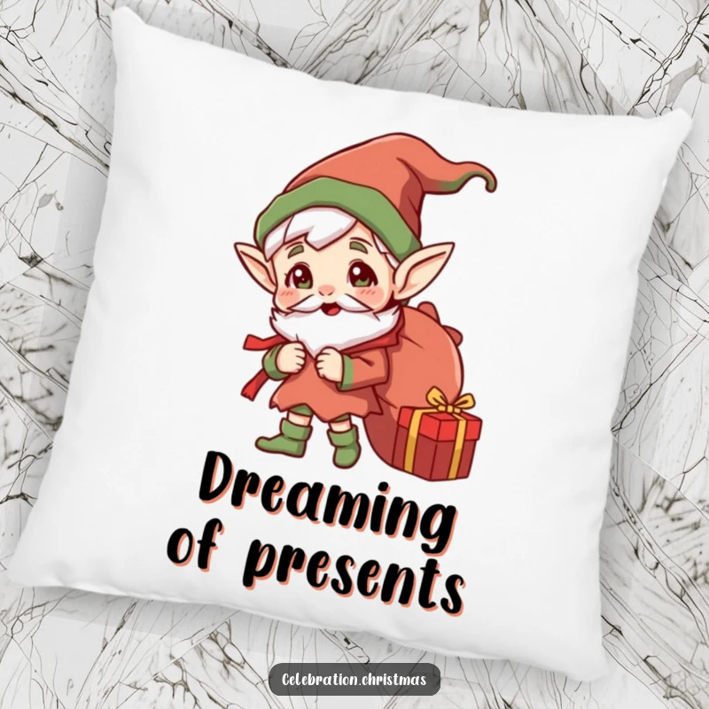 Funny Jolly Elf Pillow: Soft cushion featuring a cheerful elf carrying a sack full of gifts, bringing cozy holiday humor.