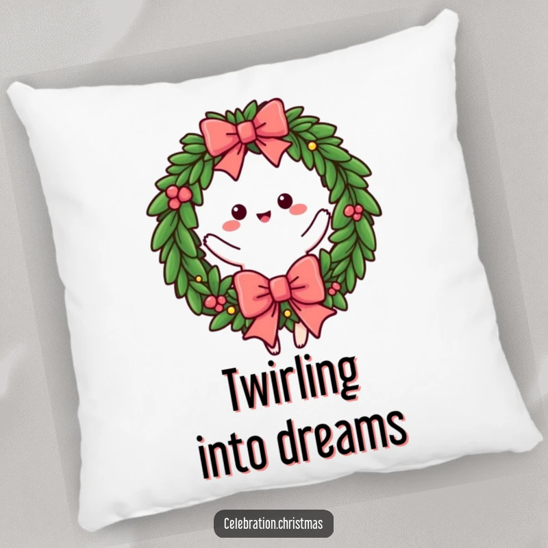 Funny decorative pillow featuring a festive wreath character with a big bow, playfully twirling for seasonal cheer, funny gift.
