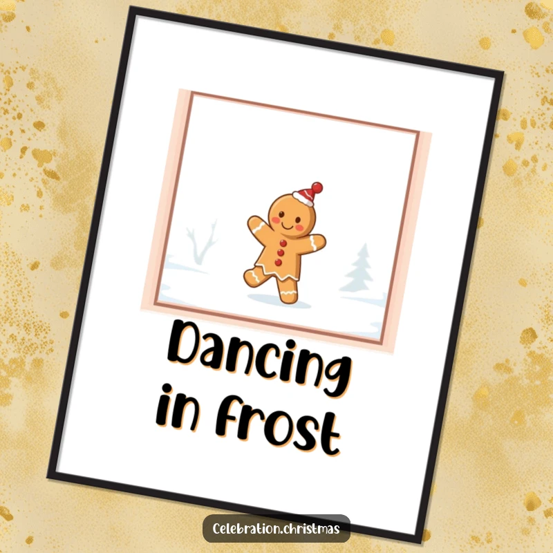 Funny gingerbread cookie digital art print, showing a cookie performing a jig on a frosted windowpane, ready for printing.
