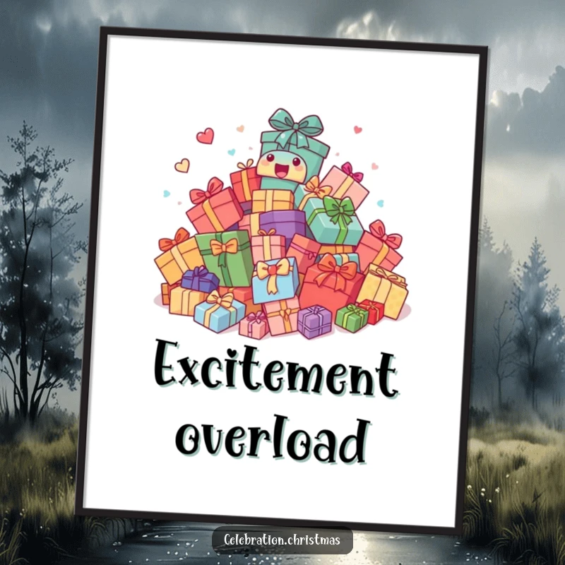 Funny Digital Art Print: Dynamic illustration of gifts comically bouncing with excitement, perfect for a lively and humorous visual display.