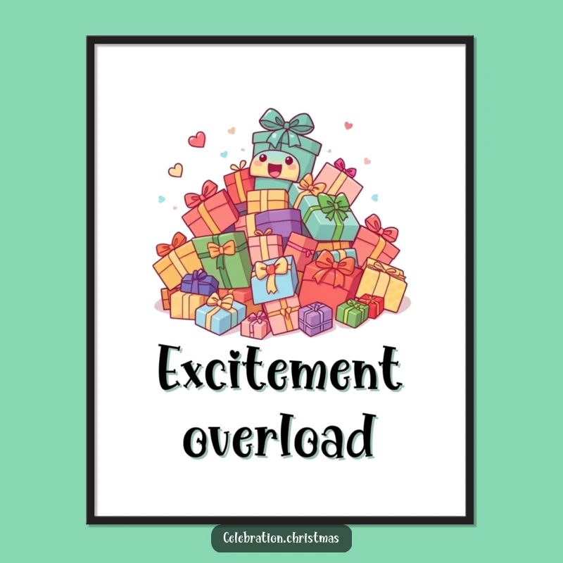 Funny Digital Art: Excited Present Pile Illustration, Comical Gift for Instant Decor