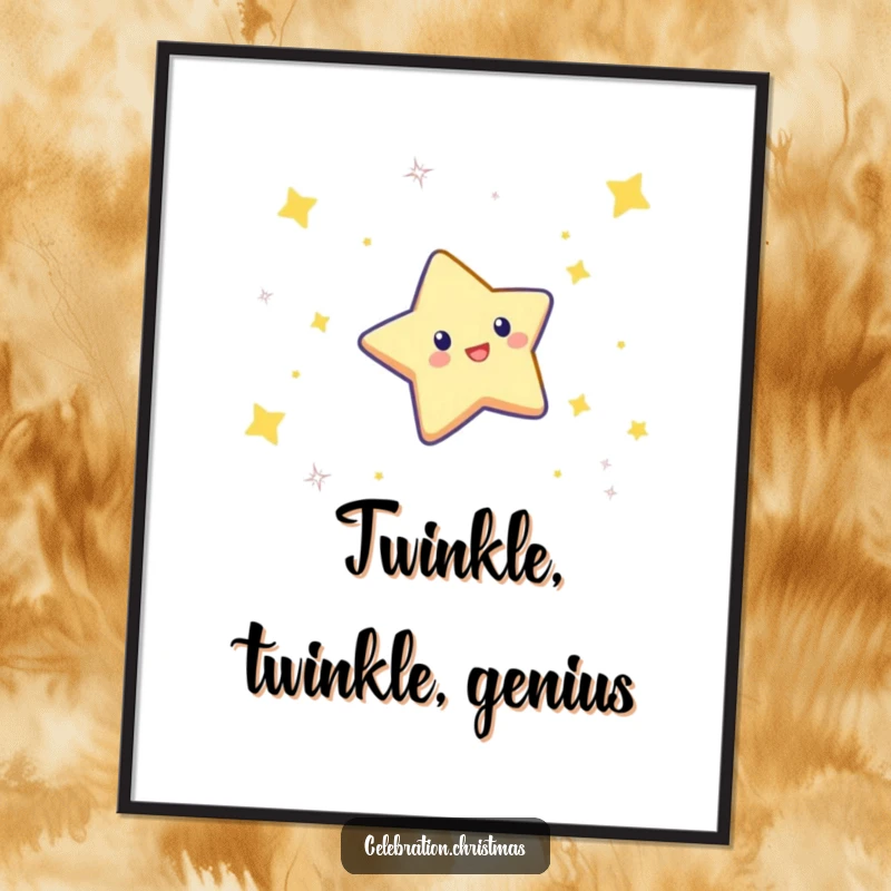 Funny digital art print of a twinkling star character doing a celebratory dive through the air, ready for instant display.