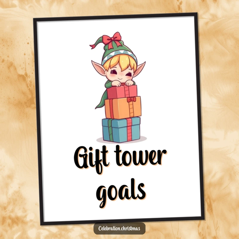 Funny elf digital art print of a character attempting to balance a tall stack of gifts, a humorous and festive instant download.
