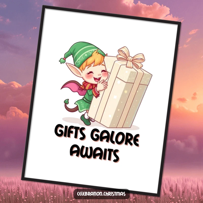 Funny elf digital art print of a cute elf joyfully wrapping a giant, glittery present, radiating holiday cheer.