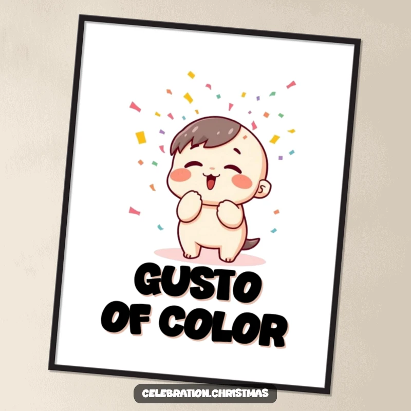 Funny kawaii character blowing a colorful explosion of confetti with gusto, a humorous digital art print for instant party decor.