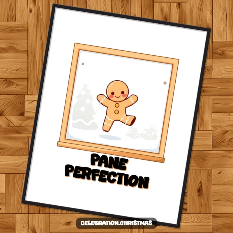 Funny, joyful kawaii gingerbread person playfully dancing on a frosted window pane. Instant digital art print.