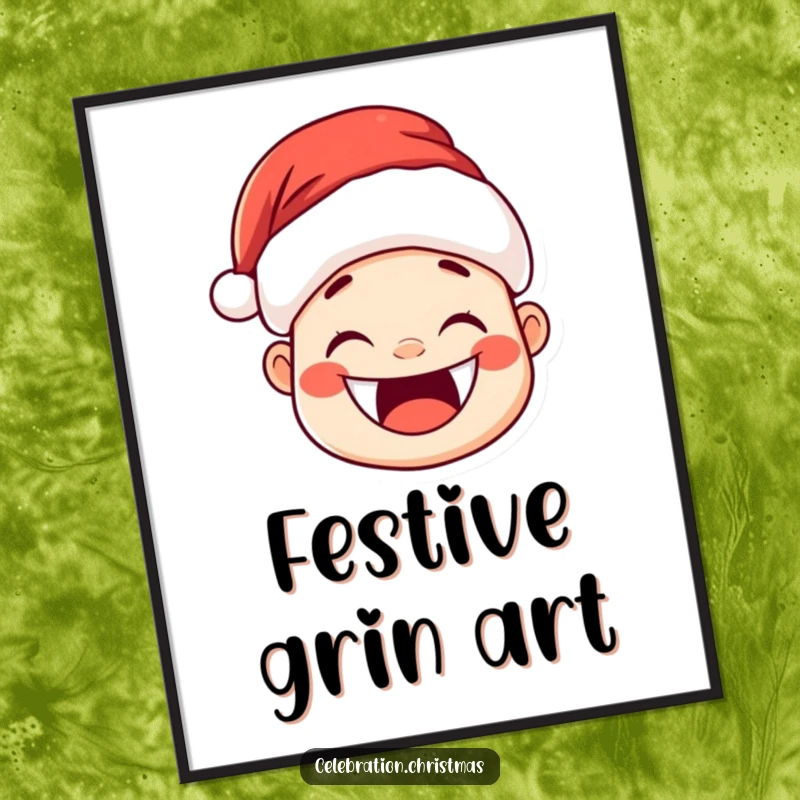 Funny Kawaii Santa Hat Digital Art: A cute Santa hat character with a huge, joyful grin and rosy cheeks.