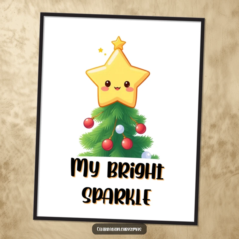 Funny kawaii star topper digital art print, a cute star character twinkling brightly on a festive Christmas tree, instant download.