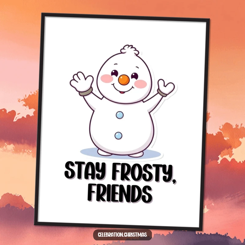 Funny digital art print of a snowman with a carrot nose waving enthusiastically, adding instant cheer to any space.
