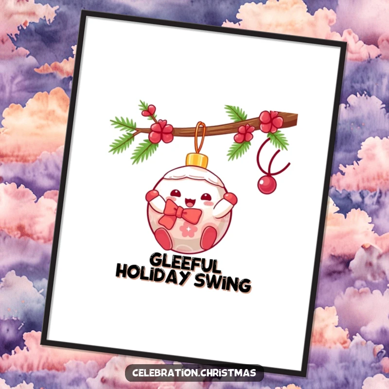 Funny kawaii Christmas ornament digital art print showing a gleeful character swinging from a branch, perfect for festive wall art.