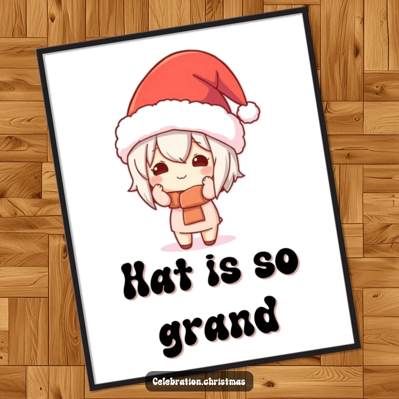Funny Kawaii Character Digital Art: A cute character comically wears a huge festive hat, perfect for instant holiday wall art.