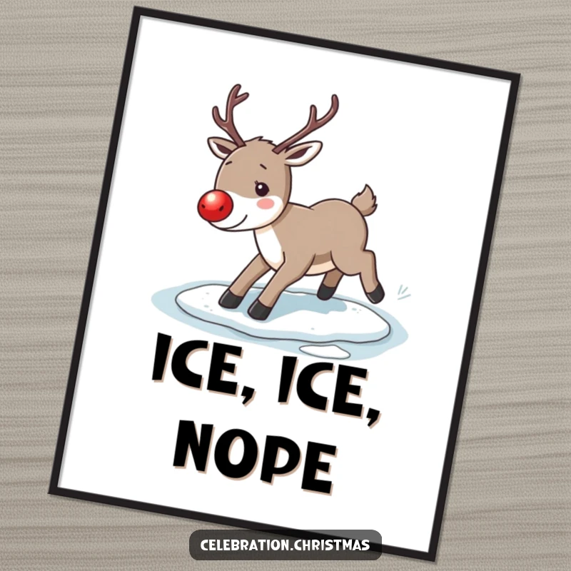 Funny reindeer digital art print, showing a reindeer with a glowing red nose comically slipping on ice, ready for printing.