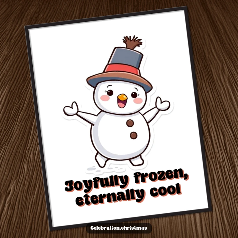 Funny Snowman Digital Art Print showing a snowman waddling with a tilted hat, perfect for humorous winter decor.