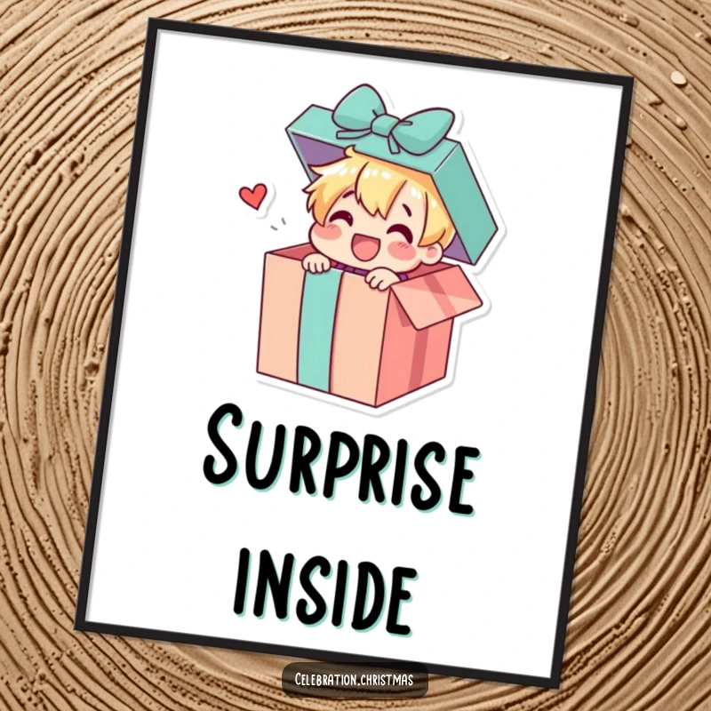 Funny digital art print of a gift box character cheerfully popping open to reveal a delightful surprise, ready for instant download and fun display.