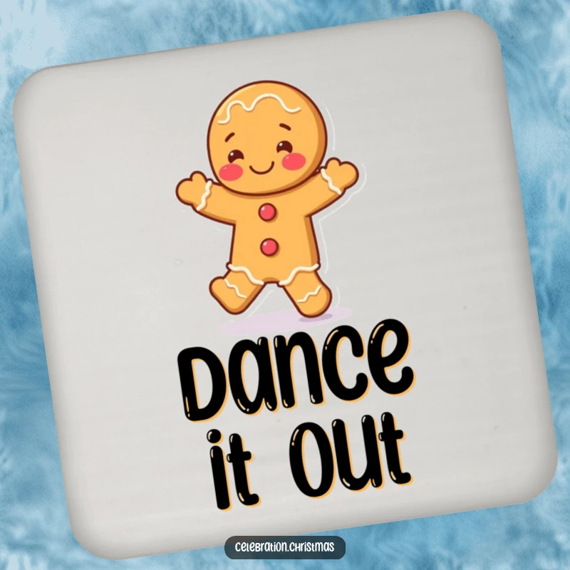 Funny gingerbread man drink coasters featuring a character doing an energetic jig, adding a touch of humor to beverage service.