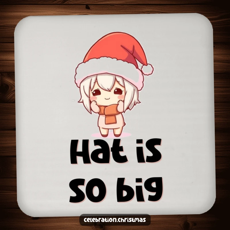 Funny Kawaii Character Coaster: A cute character comically tries on a massive festive hat, protecting surfaces humorously.