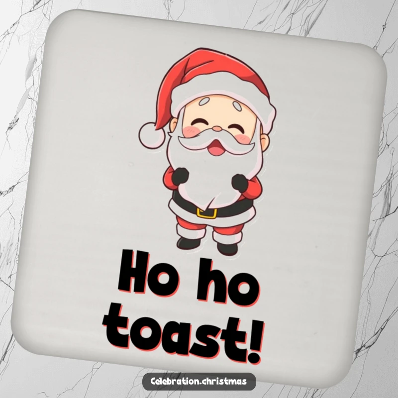 Funny coaster with Santa Claus laughing heartily, his belly shaking, adding festive charm to tabletops.