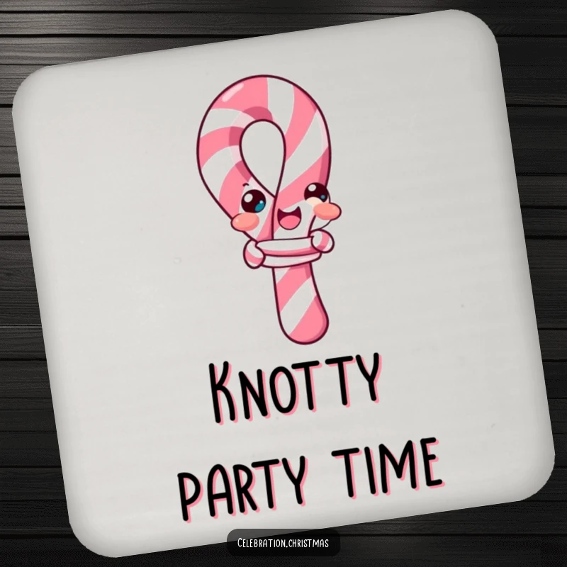 Funny candy cane drink coasters, illustrating a candy cane comically trying to tie itself into a knot, protecting surfaces with fun.