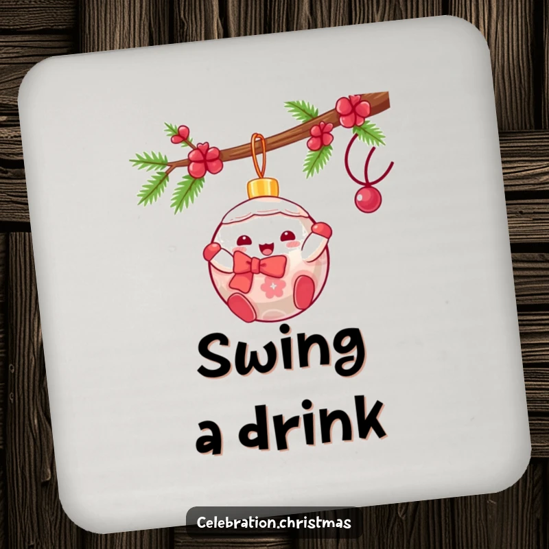 Funny kawaii Christmas ornament coasters featuring a gleeful character swinging, perfect for protecting surfaces with a festive design.