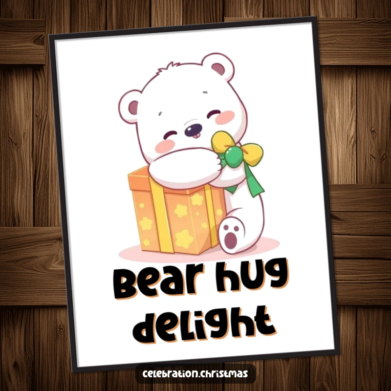 Funny kawaii polar bear poster depicting a joyful character hugging a glowing present, perfect for cheerful wall art.