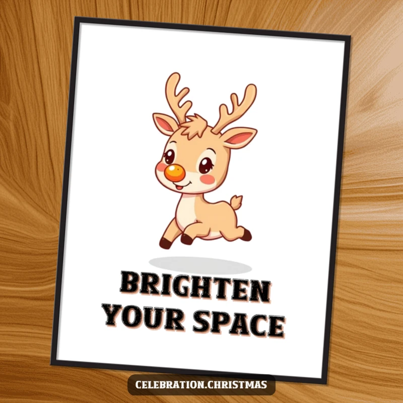Funny festive poster of a reindeer with a glowing nose, prancing happily, bringing holiday magic to any space.