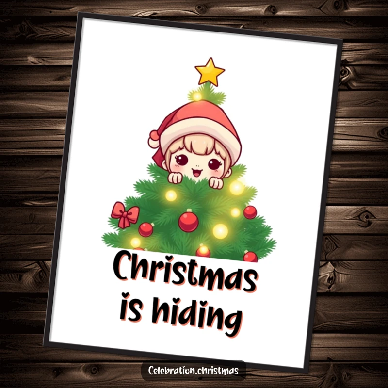 Funny kawaii character peeking from behind a brightly lit, festive Christmas tree adorning a humorous and cheerful poster.
