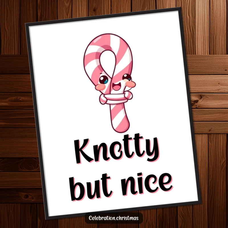 Funny candy cane poster, showing a cheerful candy cane comically trying to tie itself into a knot, perfect for whimsical decor.
