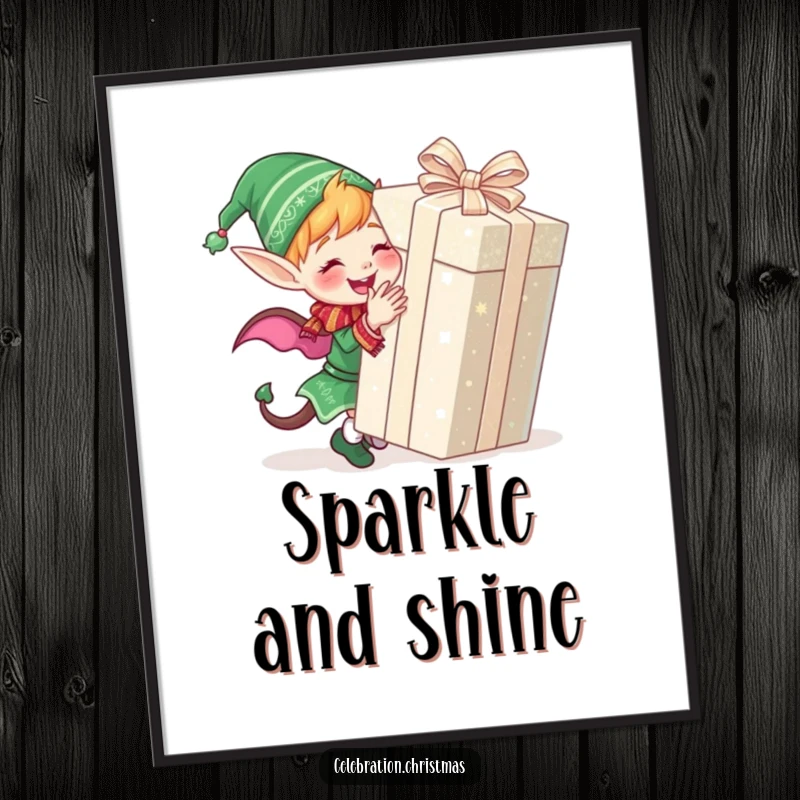 Funny poster of a cute elf character joyfully wrapping a giant, glittery present, adding holiday cheer to decor.