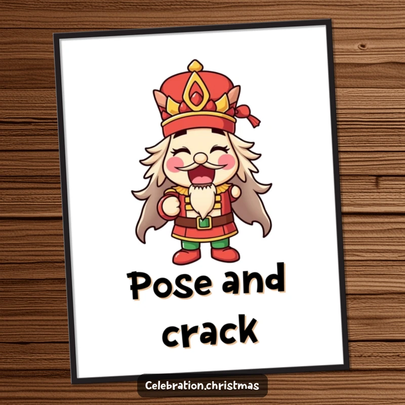Funny happy nutcracker poster striking a pose with mouth open, ideal for holiday decor and a funny gift.