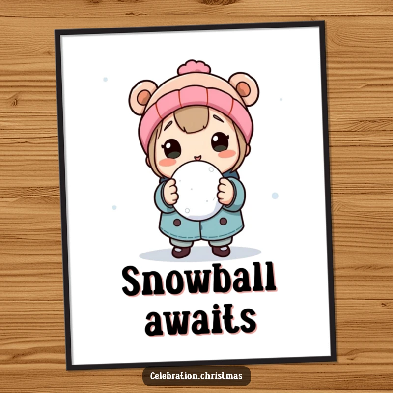 Funny art print poster of a character holding a snowball, aiming to throw it with playful intent, perfect for winter-themed decor.