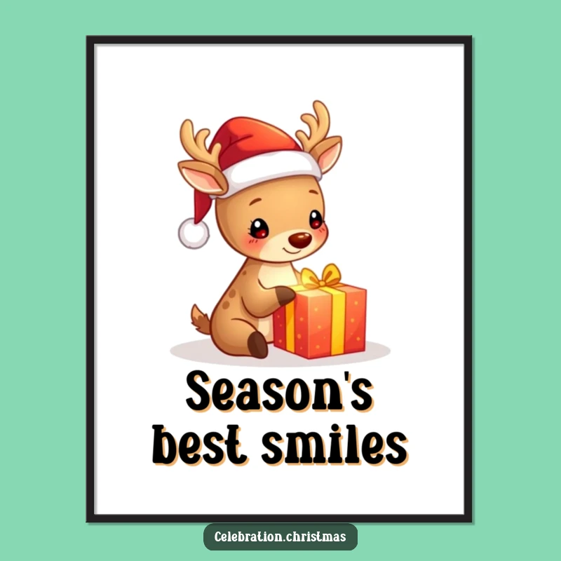 Funny Deer Poster - Festive Santa Hat Art, Charming Funny Gift for Christmas Lovers