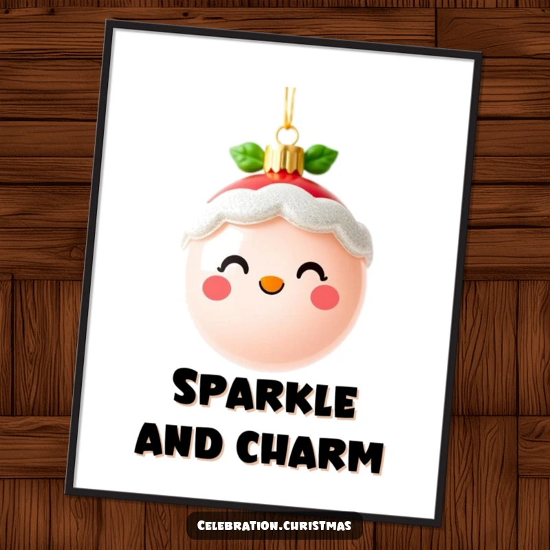 Funny cute Christmas ornament poster with a cheerful, sparkling face, bringing festive vibes and great as a funny gift.