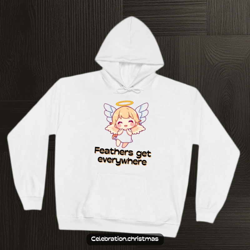 Funny hoodie showcasing an angel enthusiastically flapping its wings in pure delight, a cozy and humorous wearable art funny gift.