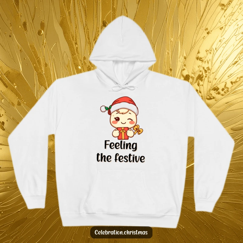 Funny kawaii Santa hoodie featuring a cute, smiling character in a Santa hat holding a gift, offering cozy holiday comfort.
