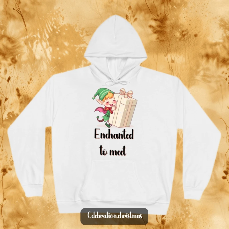 Funny hoodie featuring a cute elf joyfully wrapping a giant, glittery present, perfect for staying warm and festive.