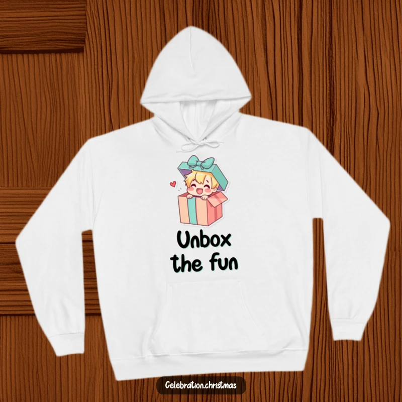 Funny hooded sweatshirt featuring a cheerful gift box character joyfully popping open to reveal a surprise, perfect for cozy and delightful wear.