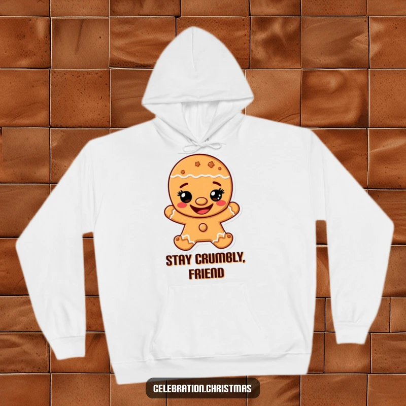 Funny hoodie featuring a gingerbread man character with a wide, happy cookie grin, perfect for cozying up.