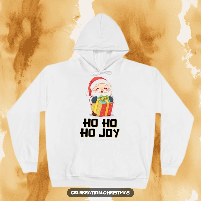 Funny hoodie featuring a cute Santa Claus character eagerly unwrapping a large, colorful gift with pure excitement.