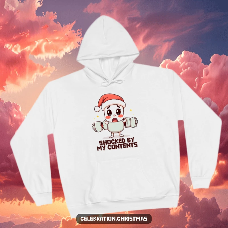 Funny hoodie designed with a Christmas cracker character pulling itself apart with a surprised look, full of festive humor.