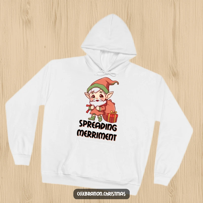Funny Jolly Elf Hoodie: Soft hoodie with a cheerful elf and a sack full of gifts, spreading funny holiday cheer.