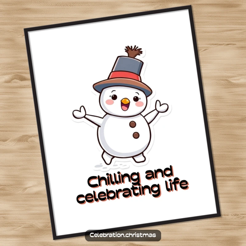 Funny Free Printable Wall Art: A cheerful snowman with a tilted hat, caught mid-waddle.