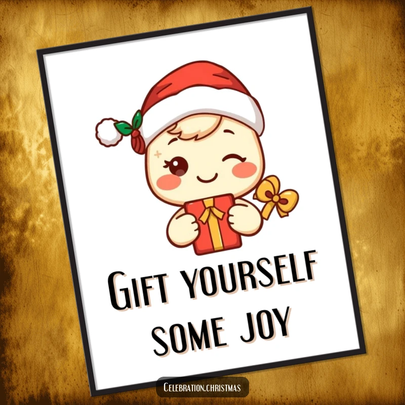 Funny Free Printable Wall Art: A cute, smiling kawaii character wearing a Santa hat and holding a holiday gift.