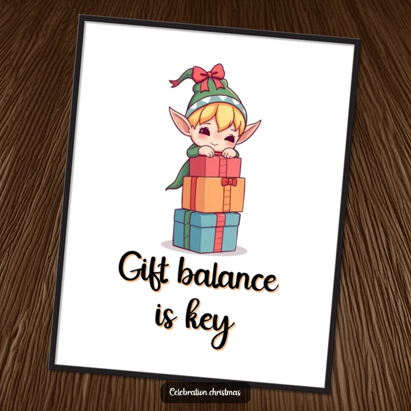 Funny free printable wall art: an elf struggling to keep a massive pile of gifts balanced, adding whimsical decor.