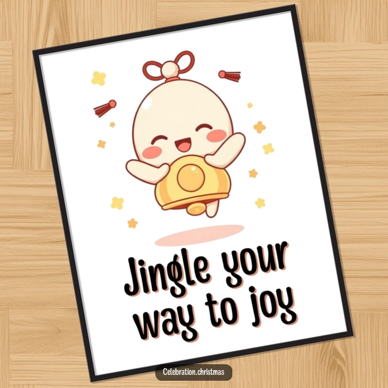 Funny Free Printable Wall Art: Bell character jingling with pure delight, creating a cheerful atmosphere, downloadable decor.