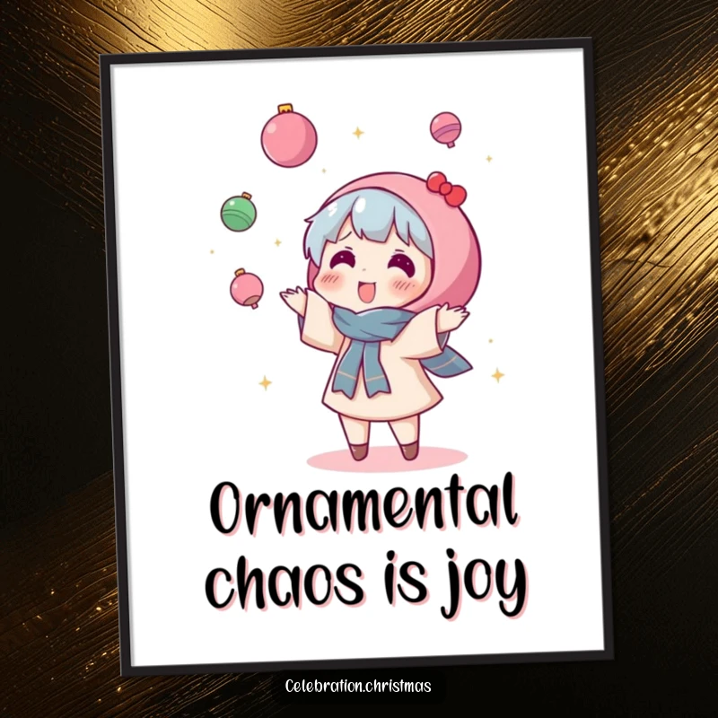 Funny Free Printable Wall Art: High-energy kawaii character gleefully tossing sparkly ornaments in the air with pure abandon.