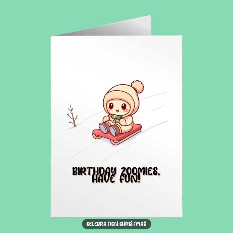 Funny Free Printable Birthday Card: Kawaii Snow Sledding Character - Downloadable Gift